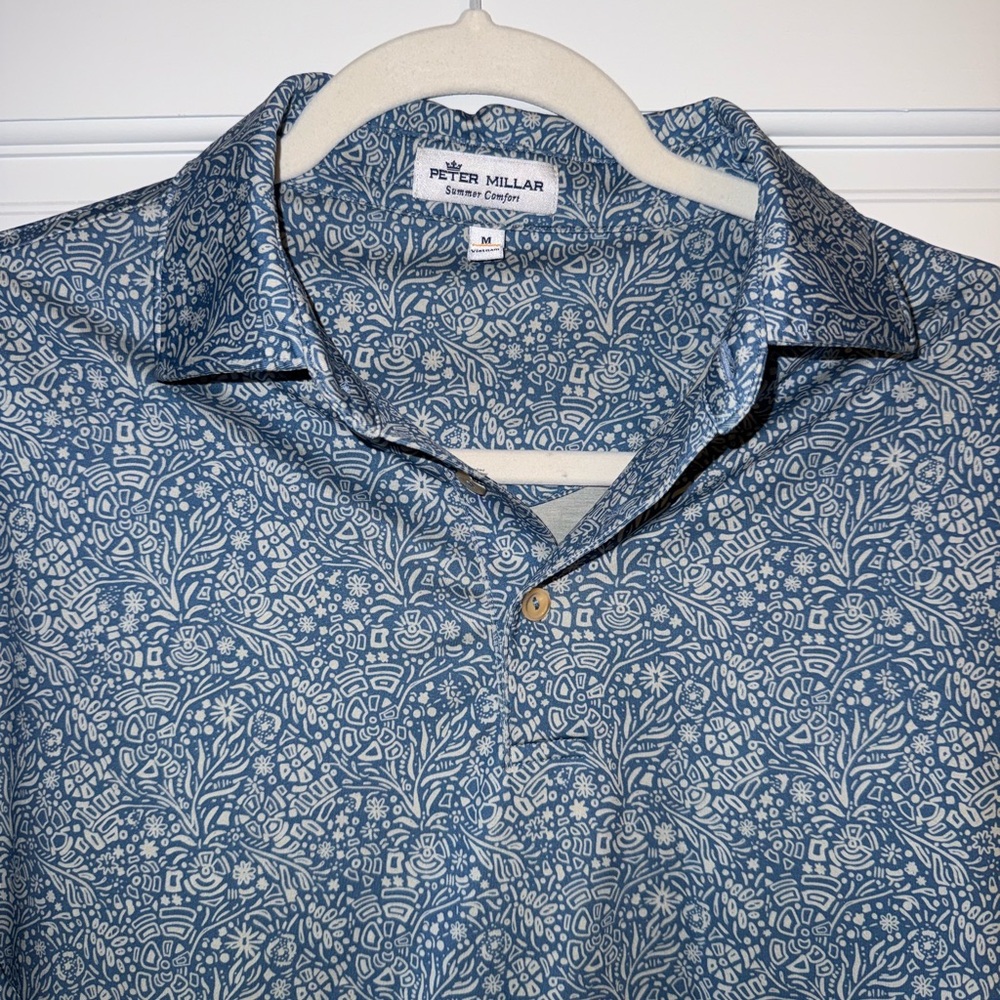 Peter Millar Blue and White Summer Comfort Polo with Intricate Pattern